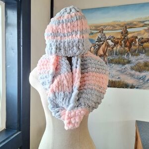 Handmade Crocheted Chenille Cable Knit Pink & Blue Hat with Scarf Set/Adult,NWOT
